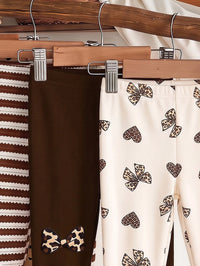 Seriously, 4 Pieces, Cute Sweet Maillard Color Leopard Print Cartoon Rabbit, Striped, Heart Bow Leopard Print, Baby Girl Bottoms, Outdoor Picnic, Outing, Street Style, Chill Chill