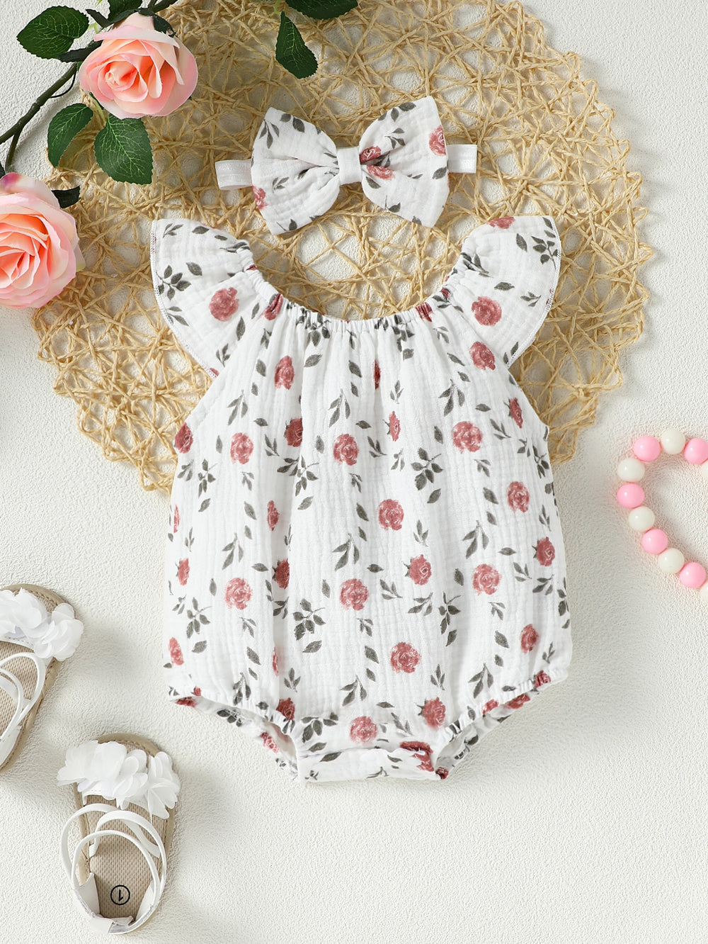 Set Bodysuit Ruffle Bando Bayi Perempuan 2 Pcs