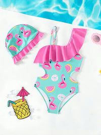 Baju Renang One-Piece Motif Kartun dan Topi Renang Bayi Perempuan
