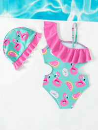 Baju Renang One-Piece Motif Kartun dan Topi Renang Bayi Perempuan