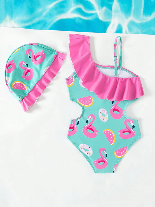 Baju Renang One-Piece Motif Kartun dan Topi Renang Bayi Perempuan