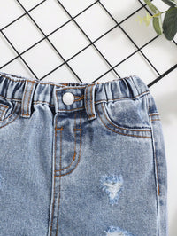 SHEIN เด็กทารกฤดูใบไม้ผลิฤดูร้อน Boho Casual Stonewashed Ripped Baggy DENIM กางเกงยีนส์กางเกงขาสั้นกระเป๋า Patched,ชุดเสื้อผ้าเด็กทารกฤดูร้อน