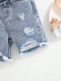 SHEIN เด็กทารกฤดูใบไม้ผลิฤดูร้อน Boho Casual Stonewashed Ripped Baggy DENIM กางเกงยีนส์กางเกงขาสั้นกระเป๋า Patched,ชุดเสื้อผ้าเด็กทารกฤดูร้อน