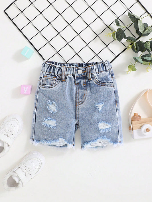 SHEIN เด็กทารกฤดูใบไม้ผลิฤดูร้อน Boho Casual Stonewashed Ripped Baggy DENIM กางเกงยีนส์กางเกงขาสั้นกระเป๋า Patched,ชุดเสื้อผ้าเด็กทารกฤดูร้อน