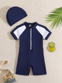 Baju Renang One Piece Resleting Colorblock dan Topi Renang Bayi Laki-Laki