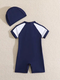 Baju Renang One Piece Resleting Colorblock dan Topi Renang Bayi Laki-Laki