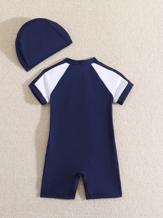 Baju Renang One Piece Resleting Colorblock dan Topi Renang Bayi Laki-Laki
