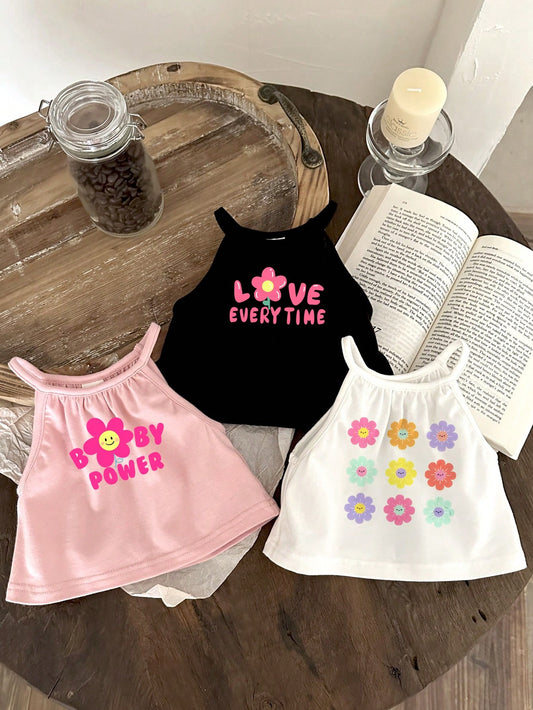 Set Tank Top Tali Motif Bunga Bayi Perempuan 3 Pcs