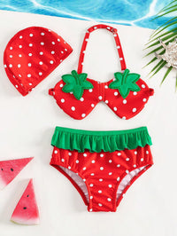 Baju Renang Halter Aksen Ruffle Motif Polka Dot dan Topi Bayi Perempuan 2 Pcs