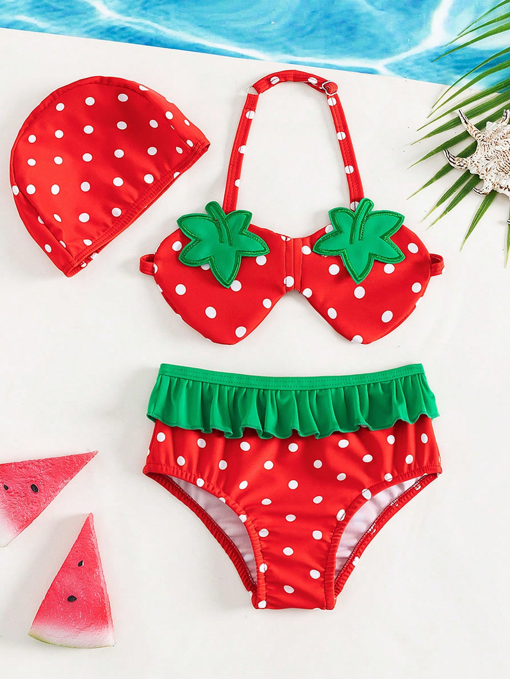 เด็กผู้หญิง Polka Dot พิมพ์ Ruffle Trim Halter Beachwear พร้อมหมวก Summer Beach