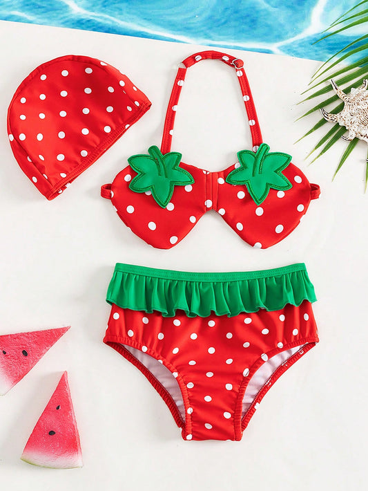เด็กผู้หญิง Polka Dot พิมพ์ Ruffle Trim Halter Beachwear พร้อมหมวก Summer Beach