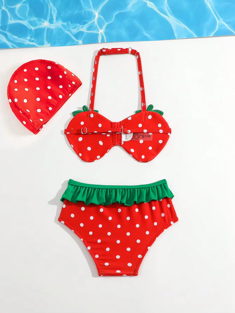 Baju Renang Halter Aksen Ruffle Motif Polka Dot dan Topi Bayi Perempuan 2 Pcs