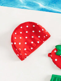 เด็กผู้หญิง Polka Dot พิมพ์ Ruffle Trim Halter Beachwear พร้อมหมวก Summer Beach