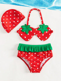 เด็กผู้หญิง Polka Dot พิมพ์ Ruffle Trim Halter Beachwear พร้อมหมวก Summer Beach