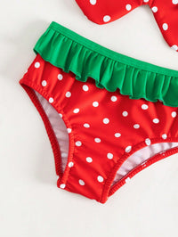 เด็กผู้หญิง Polka Dot พิมพ์ Ruffle Trim Halter Beachwear พร้อมหมวก Summer Beach