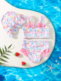 Set Pakaian Pantai Motif Kotak Pita dan Topi Bayi Perempuan 3 Pcs