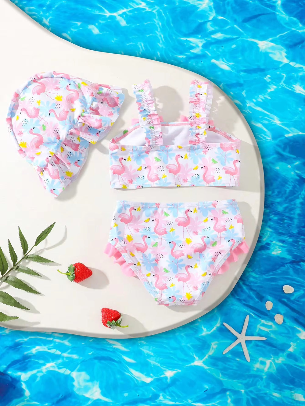 Set Pakaian Pantai Motif Kotak Pita dan Topi Bayi Perempuan 3 Pcs