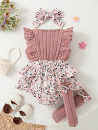 Set Bodysuit Bunga Kaos Kaki Bandana Bayi Perempuan 3 Pcs