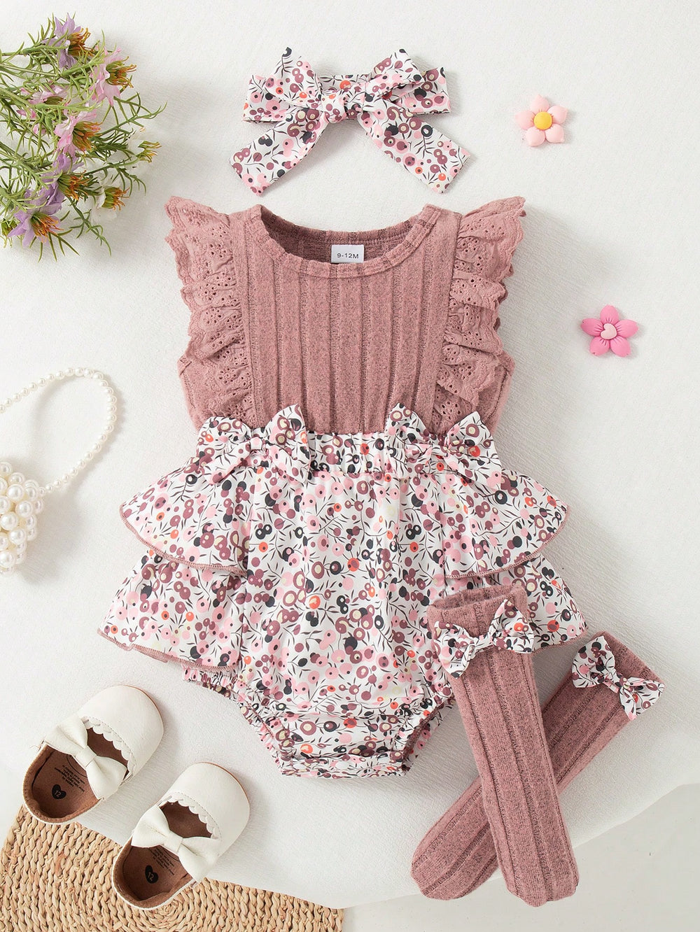 Set Bodysuit Bunga Kaos Kaki Bandana Bayi Perempuan 3 Pcs