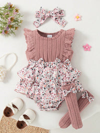 Set Bodysuit Bunga Kaos Kaki Bandana Bayi Perempuan 3 Pcs