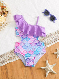 Baju Renang One-Piece Asymmetric-Shoulder Motif Sisik Putri Duyung Bayi Perempuan 1 Pcs