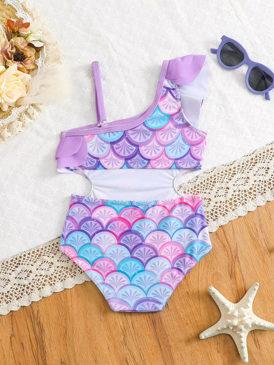 Baju Renang One-Piece Asymmetric-Shoulder Motif Sisik Putri Duyung Bayi Perempuan 1 Pcs