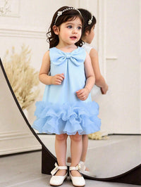 Dress Ruffle Mesh Tanpa Lengan Aksen Pita Bayi Perempuan