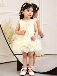 Dress Ruffle Mesh Tanpa Lengan Aksen Pita Bayi Perempuan