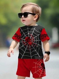 Set Kaos Lengan Pendek Gambar Laba-Laba dan Celana Pendek Bayi Laki-Laki 2 Pcs