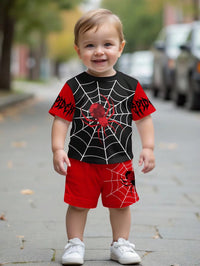 Set Kaos Lengan Pendek Gambar Laba-Laba dan Celana Pendek Bayi Laki-Laki 2 Pcs