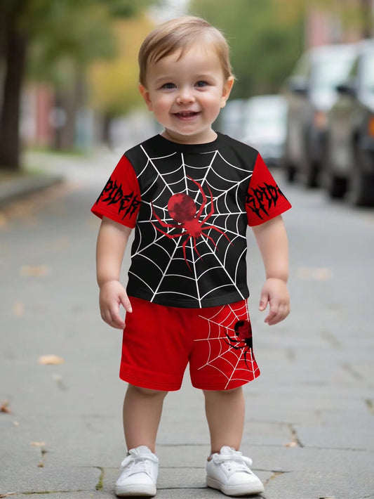 Set Kaos Lengan Pendek Gambar Laba-Laba dan Celana Pendek Bayi Laki-Laki 2 Pcs