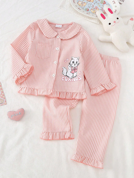 Set Piyama Garis Motif Kucing Bayi Perempuan 2 Pcs