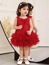 Dress Ruffle Mesh Tanpa Lengan Aksen Pita Bayi Perempuan