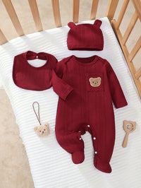 Set Jumpsuit Lengan Panjang Motif Bordir Beruang Bayi Baru Lahir 3 Pcs