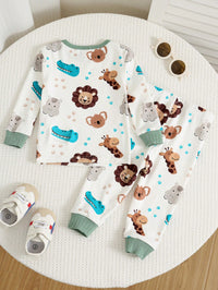 Set Piyama Lengan Panjang Motif Kartun Kerah Bulat Bayi 2 Pcs