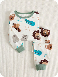 Set Piyama Lengan Panjang Motif Kartun Kerah Bulat Bayi 2 Pcs
