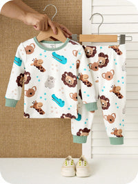 Set Piyama Lengan Panjang Motif Kartun Kerah Bulat Bayi 2 Pcs