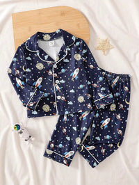 Set Piyama Lengan Panjang Motif Roket Luar Angkasa Bayi Laki-Laki 2 Pcs