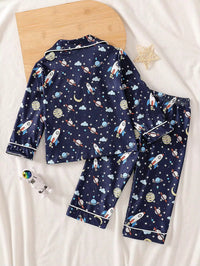 Set Piyama Lengan Panjang Motif Roket Luar Angkasa Bayi Laki-Laki 2 Pcs
