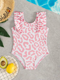 Baju Renang One-Piece Motif Macan Tutul Lengan Ruffle Bayi Perempuan