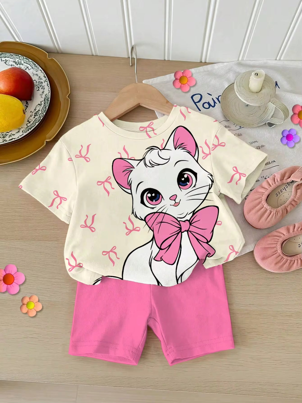 Set Kaos Leher Bulat dan Legging Motif Bayi Perempuan 2 Pcs