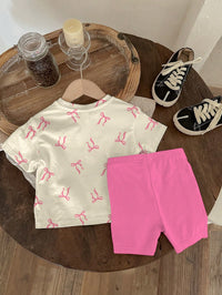 SHEIN 2pcs/Set Baby Girl White Summer Casual Cute Graphic Family Matching Bow & Kitty Pattern,Sweet Ballet Style Cream Pink Round Neck T-Shirt Leggings Set