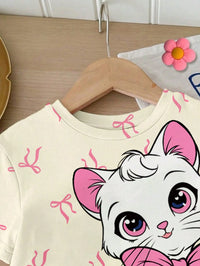 SHEIN 2pcs/Set Baby Girl White Summer Casual Cute Graphic Family Matching Bow & Kitty Pattern,Sweet Ballet Style Cream Pink Round Neck T-Shirt Leggings Set