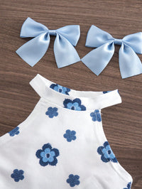 SHEIN Babygirl Casual Vacation Cute Print Camisole And Elastic Waist Pants Set Necklace-Style Top, Blue Flared Pants, Fashionable Girl's Two-Piece Set