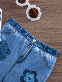 SHEIN Babygirl Casual Vacation Cute Print Camisole And Elastic Waist Pants Set Necklace-Style Top, Blue Flared Pants, Fashionable Girl's Two-Piece Set