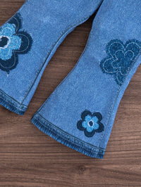 SHEIN Babygirl Casual Vacation Cute Print Camisole And Elastic Waist Pants Set Necklace-Style Top, Blue Flared Pants, Fashionable Girl's Two-Piece Set