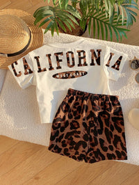 SHEIN 2pcs/Set Unisex Baby Leopard Print Black Short Sleeve T-Shirt Knit Top And Shorts Set,Spring/Summer Boy Clothes,Outfits,
