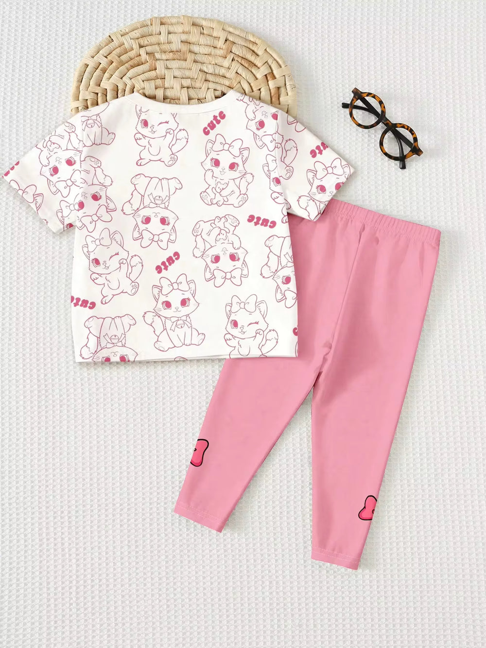 Set Kaos Leher Bulat dan Legging Motif Kucing Lucu Bayi Perempuan 2 Pcs