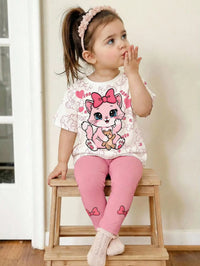 Set Kaos Leher Bulat dan Legging Motif Kucing Lucu Bayi Perempuan 2 Pcs