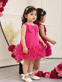 Dress Ruffle Mesh Tanpa Lengan Aksen Pita Bayi Perempuan